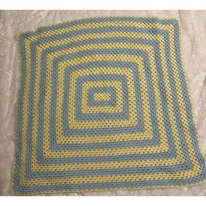 Handmade Crochet Granny Square Baby Blanket Afghan Yellow Blue 33x34”